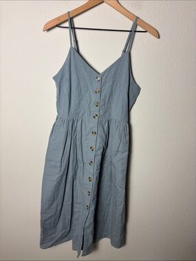 Japna Cotton/Linen Button Front Midi Dress Button Front Blue